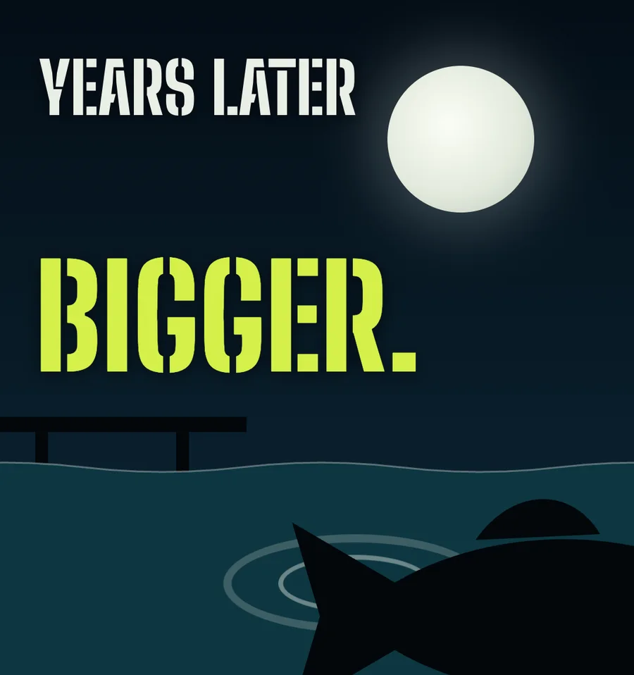 A dark fish with one eye circling under a full moon beside a pier, with ripples spreading, under the word BIGGER.