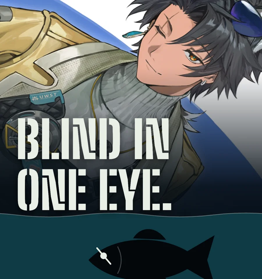 Alesh with his left eye closed above the words BLIND IN ONE EYE, over dark water where a fish with one scarred eye swims