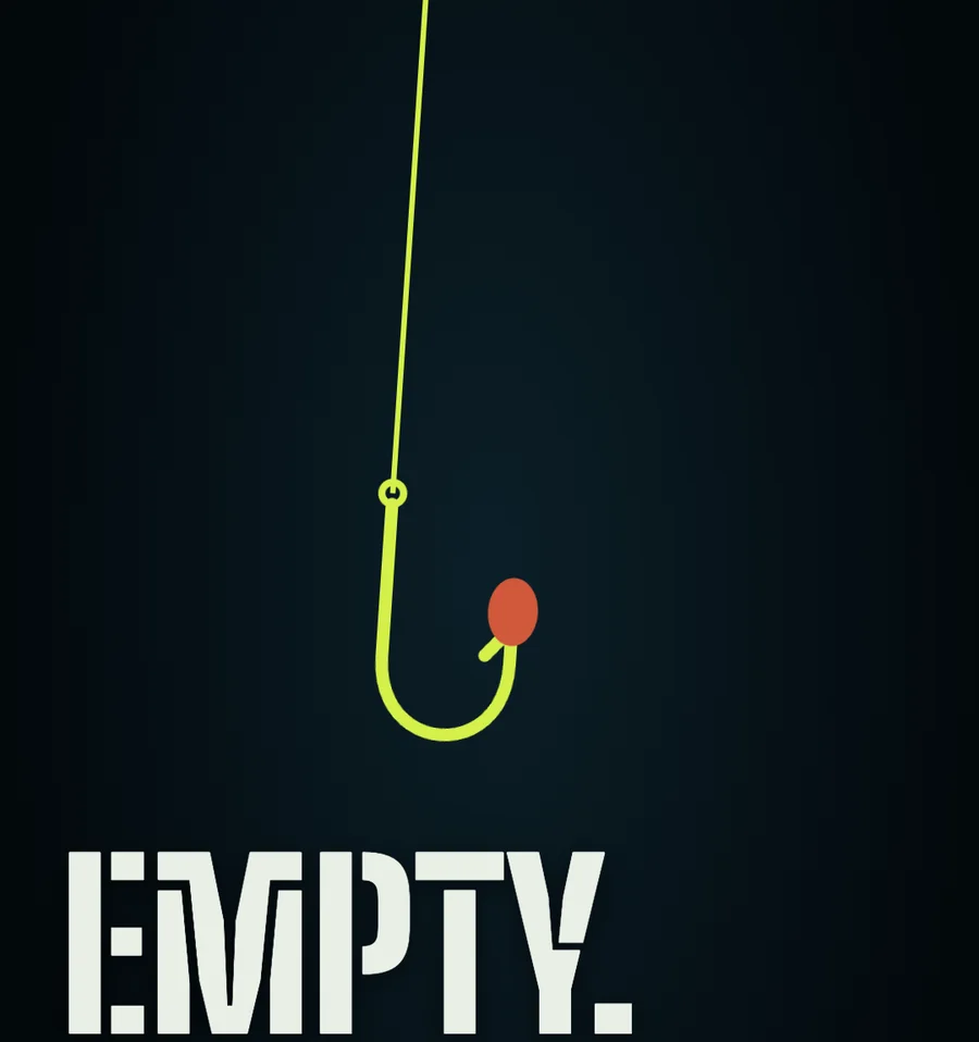 A lime hook hanging empty over dark water, the bait still on it, above the word EMPTY.