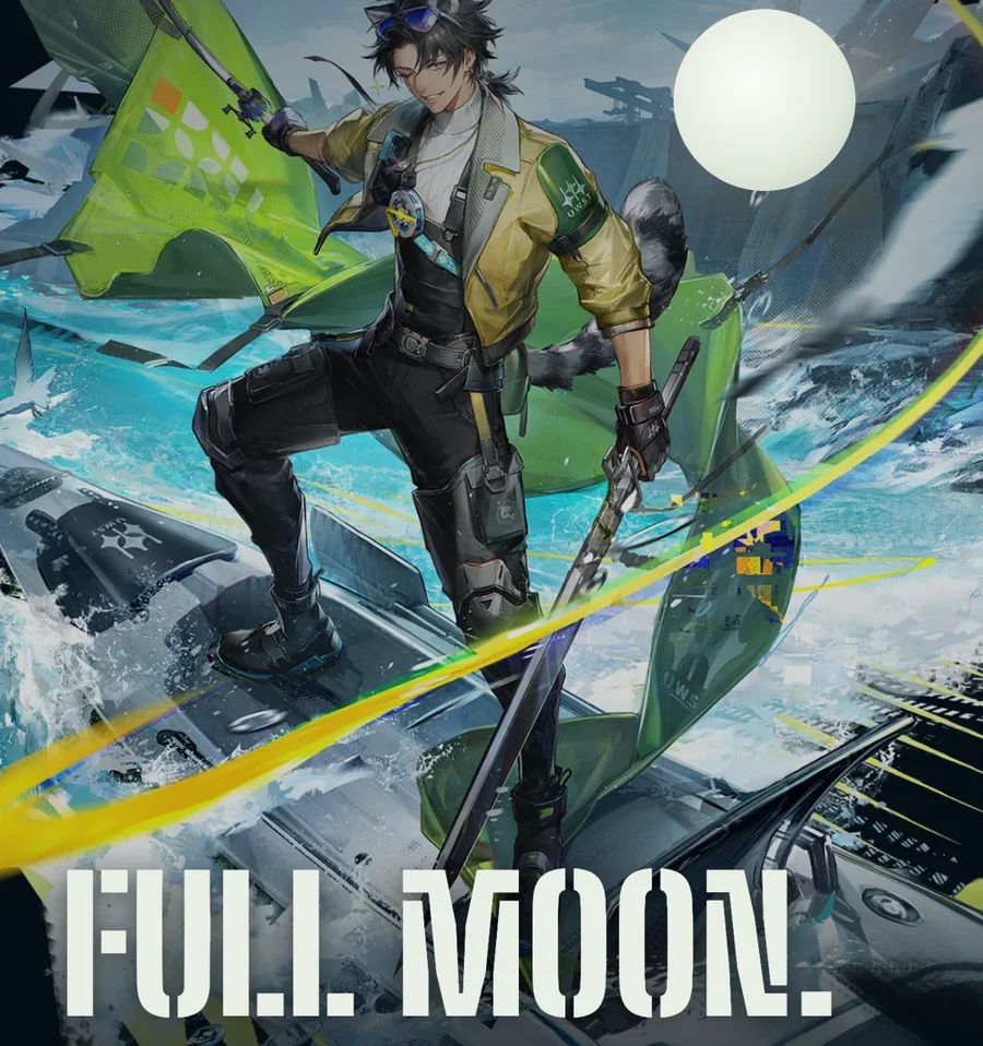 Alesh in his official art, standing on a boat with his rod and sword under a full moon, above the words FULL MOON.