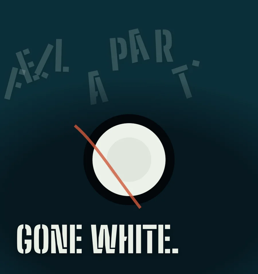 A huge fish eye gone milky white, with a rust scar across it, under the words GONE WHITE.
