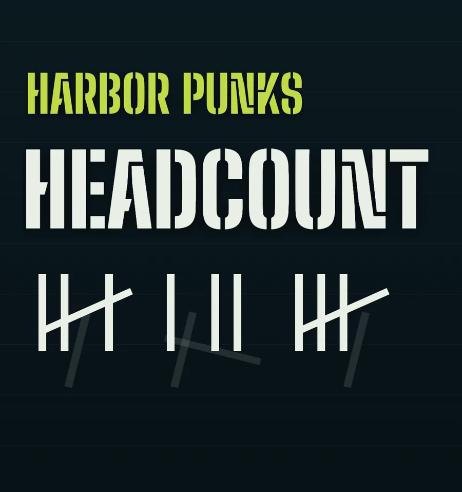 The word HEADCOUNT in stencil above rows of tally marks, several of them fallen