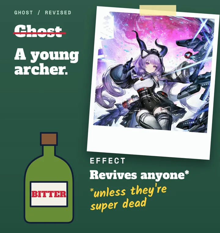 A photo of Typhoeus taped beside a green bottle labelled BITTER, with the note "unless they're super dead"