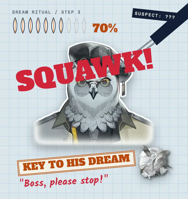 Andre with a pair of tweezers at his brow, a snowball of feathers beside him stamped KEY TO HIS DREAM, and the plea "Boss, please stop!"
