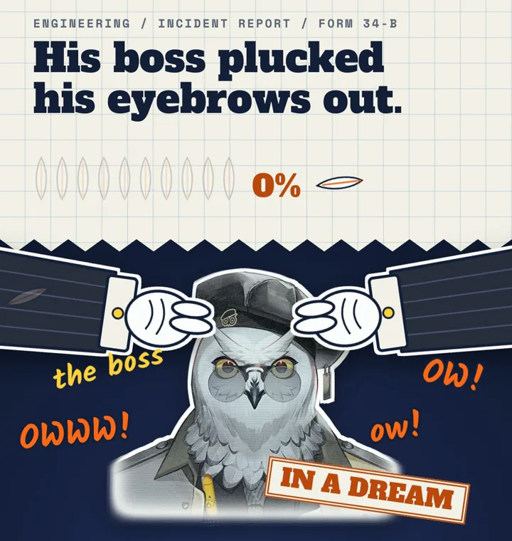 A dream scene: gloved hands labelled "the boss" hauling on Andre's brow tufts, with "OWWW!" and an IN A DREAM stamp