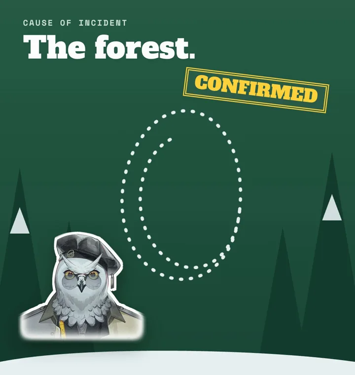 A pine forest with a dotted path looping in circles, under THE FOREST and a CONFIRMED stamp