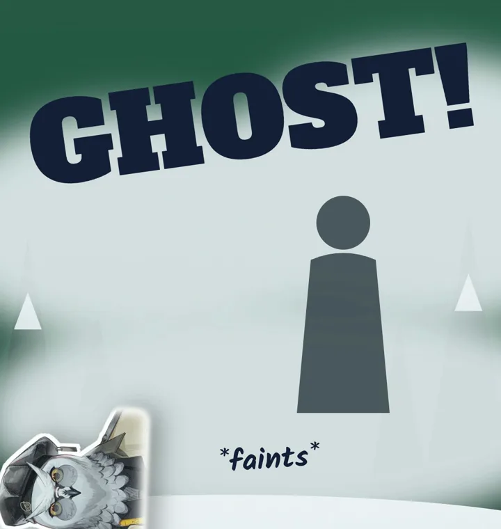 The word GHOST! over a silhouette in the fog, with Andre falling over and the note faints