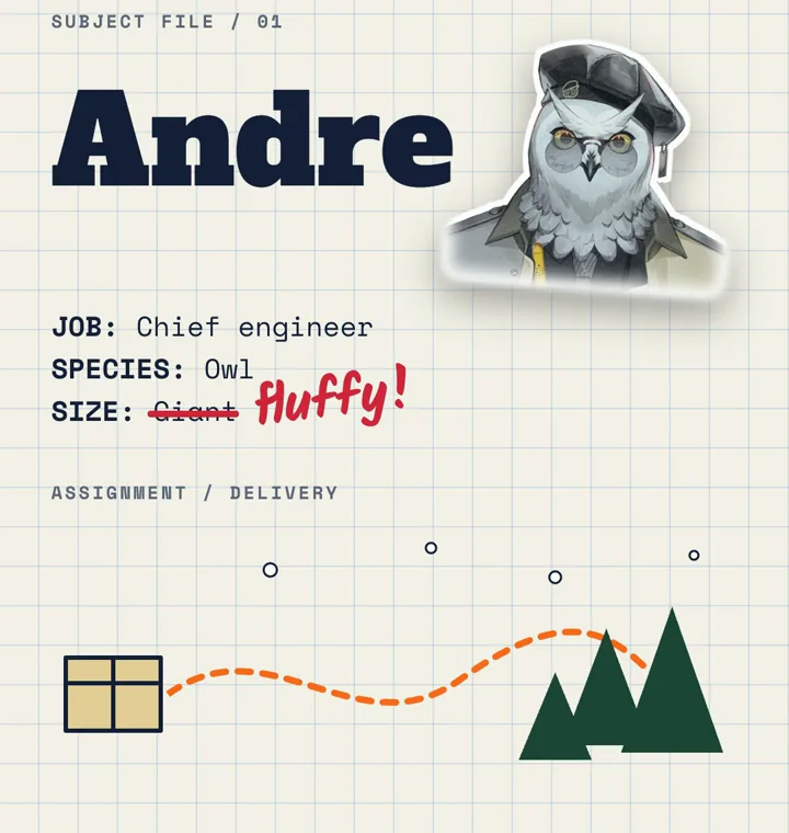 Andre's subject file: chief engineer, owl, with "giant" crossed out and "fluffy" written in red pen