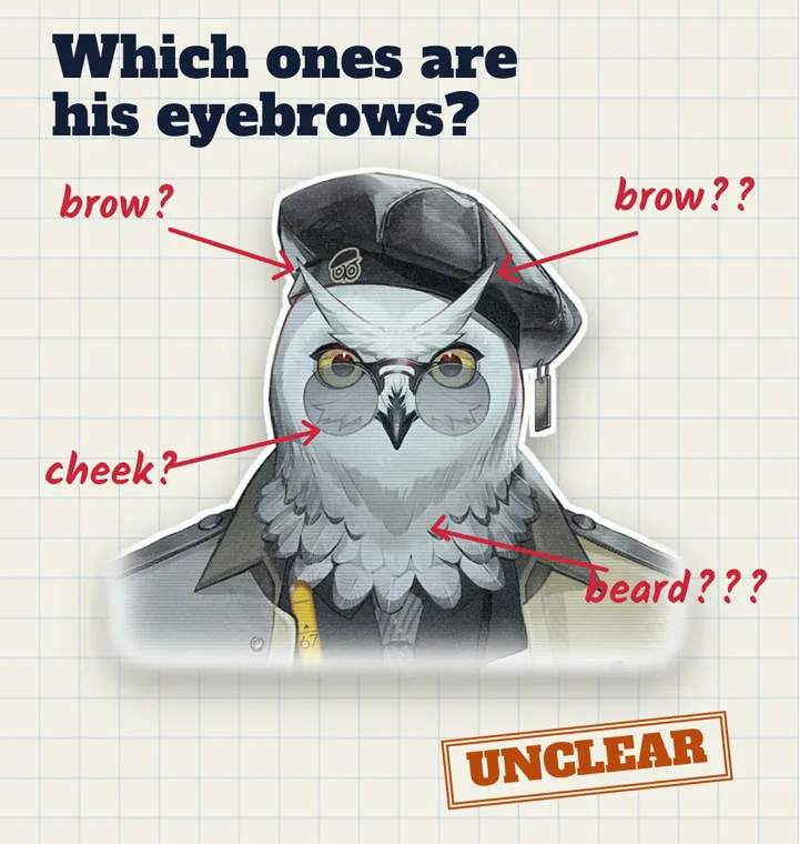 Andre's face with red-pen arrows guessing brow, cheek and beard, under WHICH ONES ARE HIS EYEBROWS? and an UNCLEAR stamp