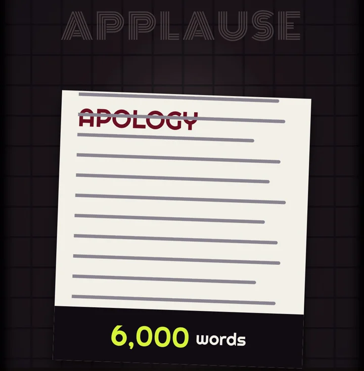 An apology sheet scrolled to 6,000 words