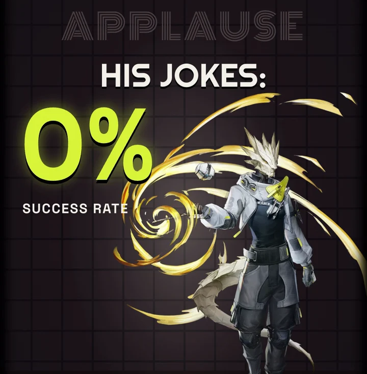 His jokes: 0% success rate, next to his full-body art and a flatlined laughs chart