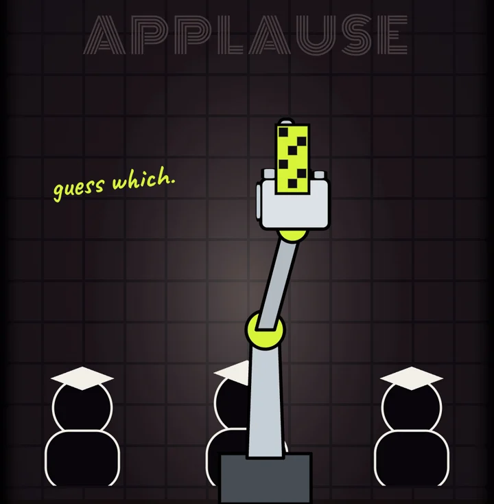A robot arm on stage in front of three professors, its one raised finger covered by a lime pixel censor