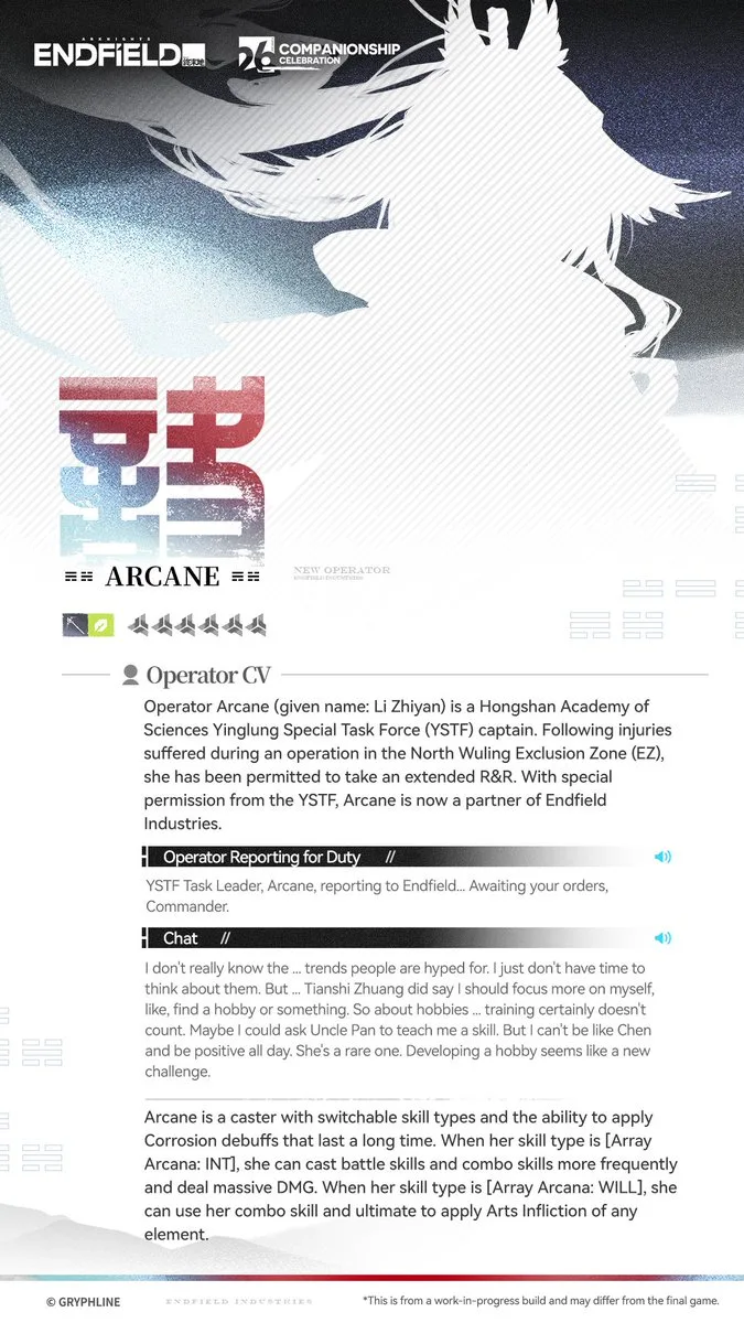 Arcane (Li Zhiyan) operator profile and Operator CV card from the Companionship Celebration Special Program