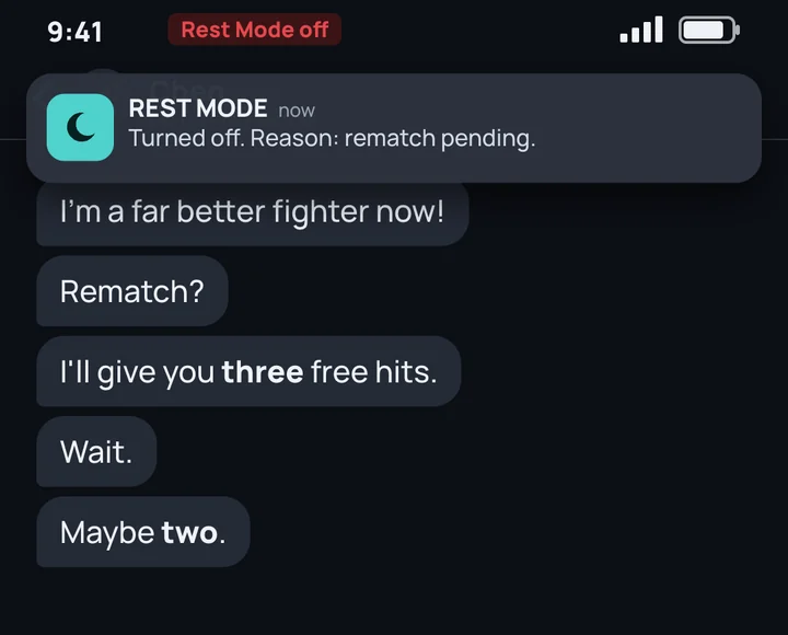 Chen's chat: I'm a far better fighter now. Rematch? I'll give you three free hits. Wait. Maybe two.