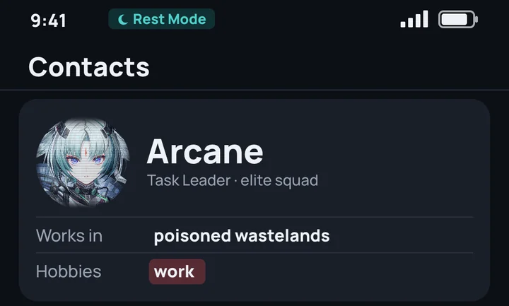 Arcane's contact card: Task Leader, elite squad, works in poisoned wastelands, hobbies: work