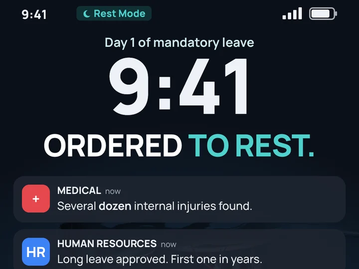 A lock screen reading ORDERED TO REST, with medical and HR notifications and a search for how to relax returning no results