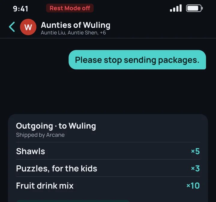 Her reply: Please stop sending packages, then an outgoing shipment of 5 shawls, 3 puzzles and 10 fruit drink mixes, marked free giveaways from Endfield