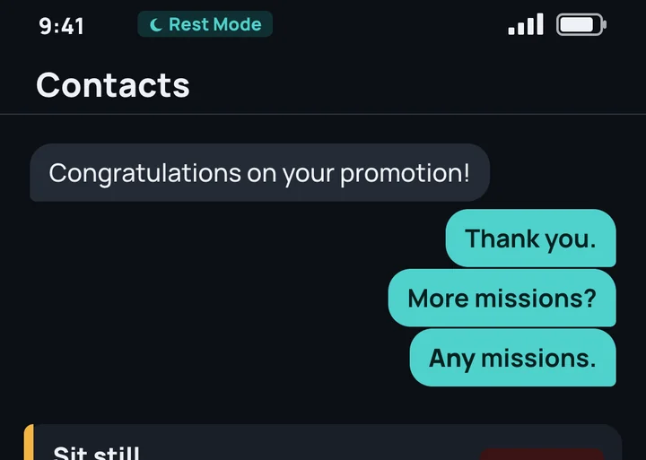 Promotion chat: Thank you. More missions? Any missions. Then a calendar invite to sit still, declined