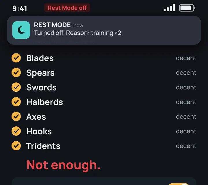 A training log with blades, spears, swords, halberds, axes, hooks and tridents each ticked decent, then Not enough and a Double training switch