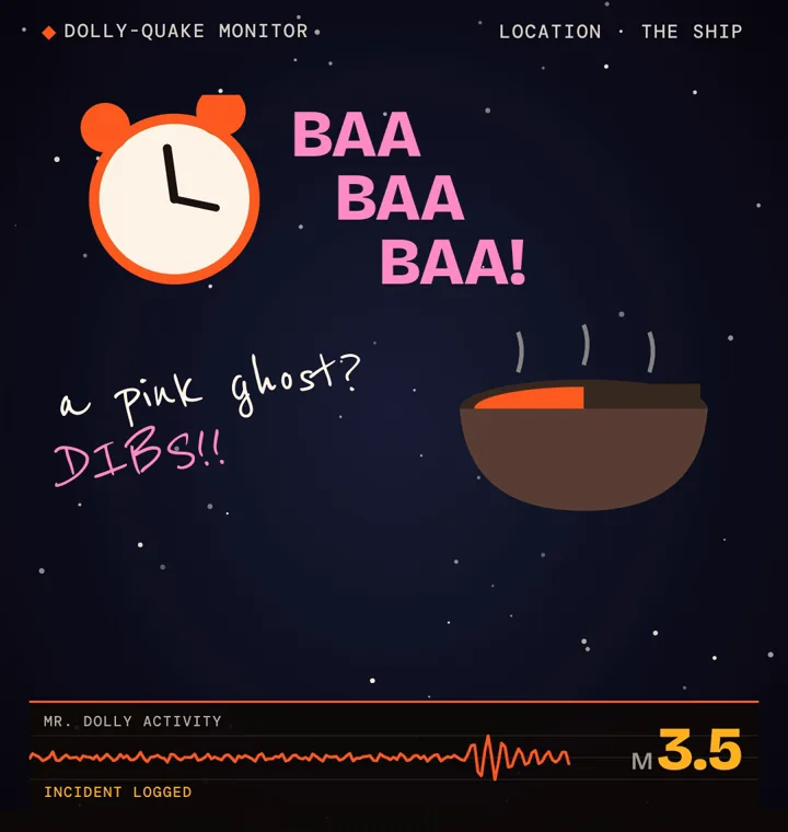 The ship: BAA BAA BAA, the hotpot, a pink ghost