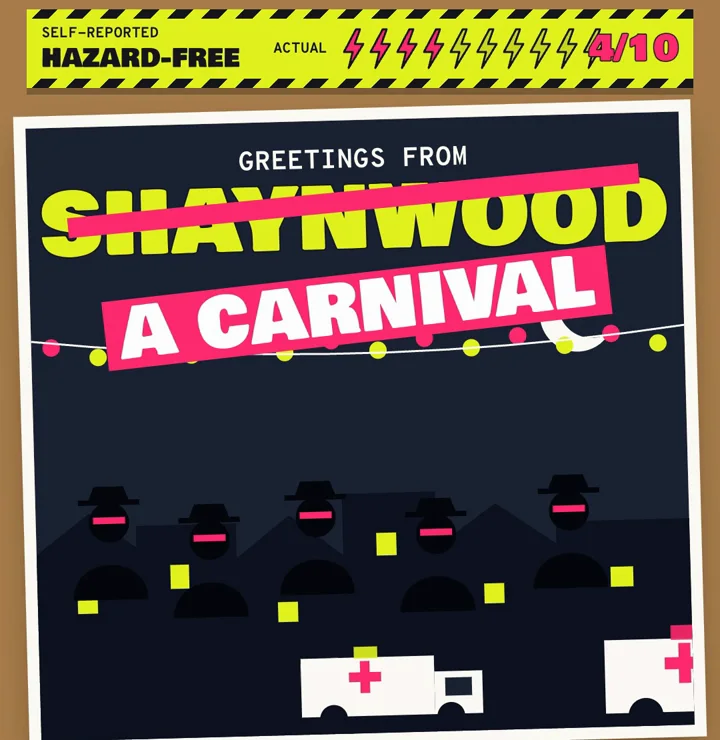 A postcard reading "Greetings from Shaynwood," crossed out and stamped "A carnival," with ambulances driving past