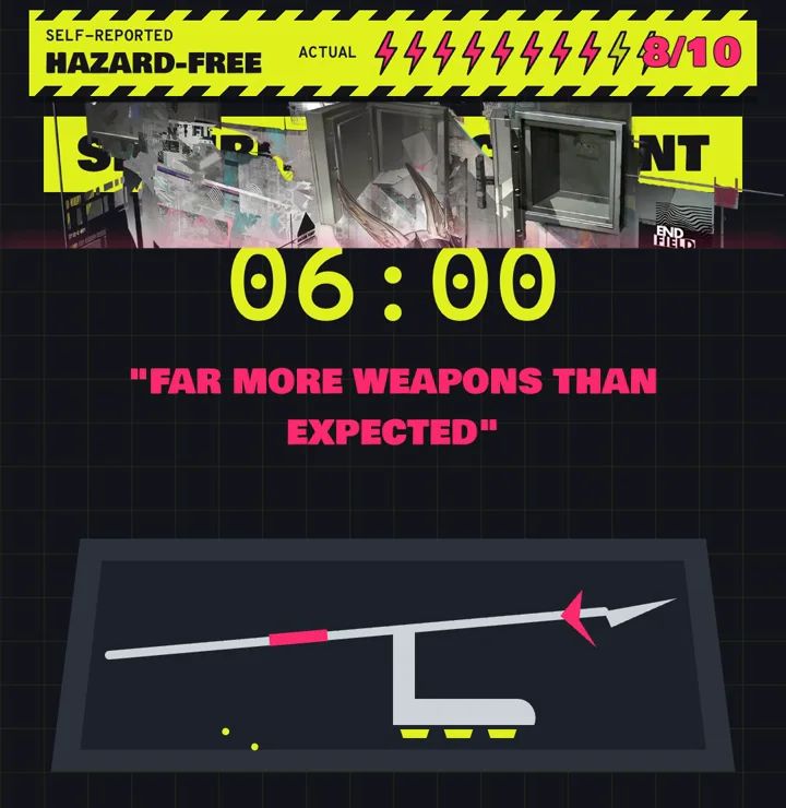 A security checkpoint with a disarm timer at 06:00 and a lance in the tray, captioned "far more weapons than expected"