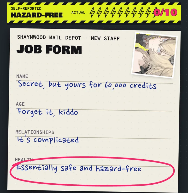 Her job form, with handwritten answers and the health line circled
