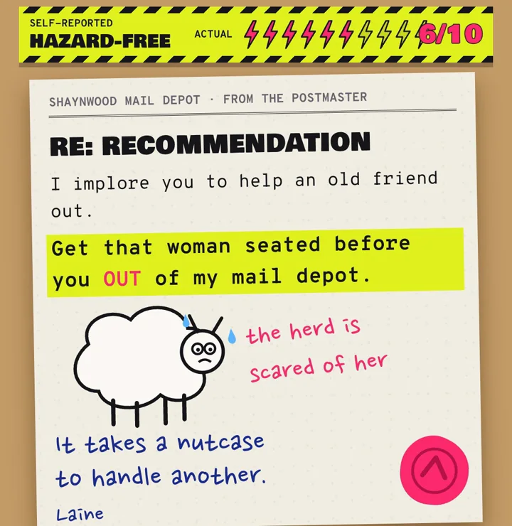 The postmaster's letter: the OUT line highlighted, a trembling beast captioned "the herd is scared of her," and his sign-off
