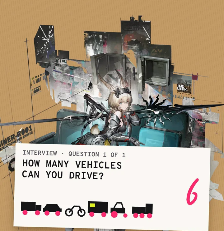 An interview card asking how many vehicles she can drive, answered with a handwritten 6