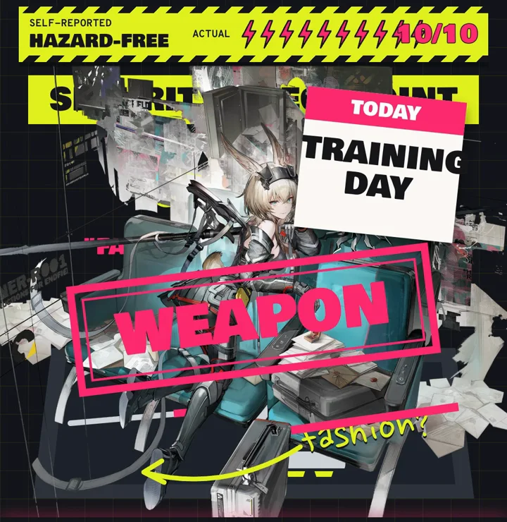 An X-ray of her full-body art, the straps arrowed with "fashion?", a TRAINING DAY calendar and a WEAPON stamp