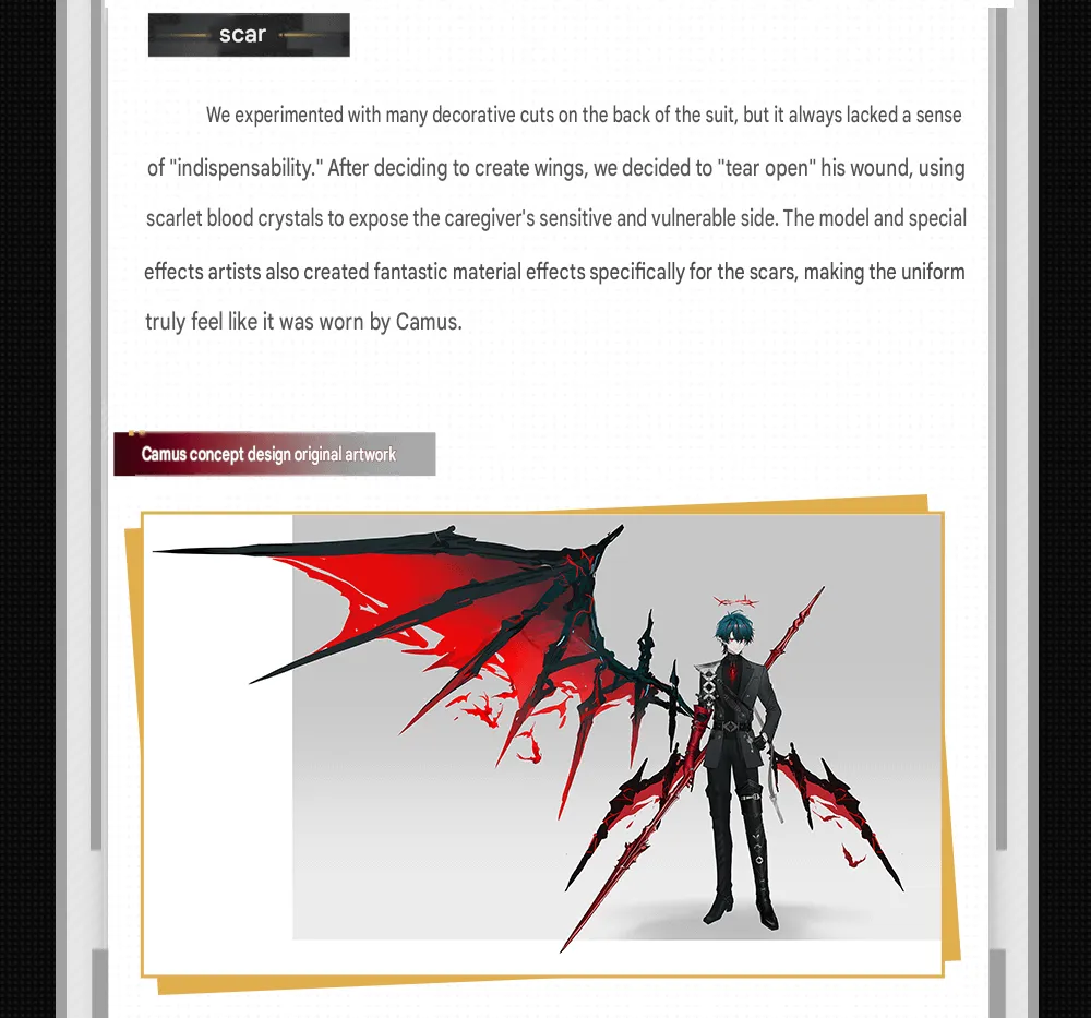 Camille final concept design showing the Bloodwing and torn-open scar