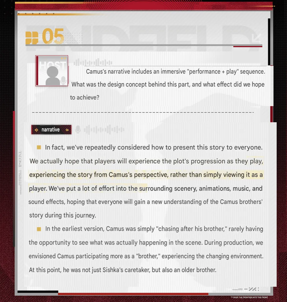 Camille narrative design notes on telling the story from his perspective as a brother