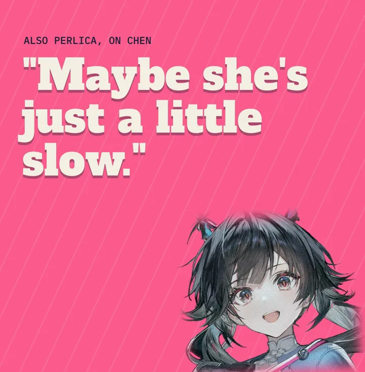 A pink card reading "Maybe she's just a little slow" with Chen Qianyu smiling below it