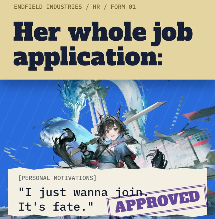 The HR form again, with "I just wanna join. It's fate." now stamped APPROVED