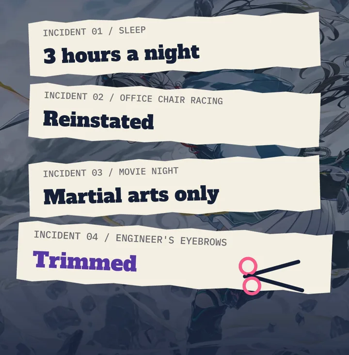 Four torn incident slips: 3 hours a night, office chair racing reinstated, movie night martial arts only, engineer's eyebrows trimmed