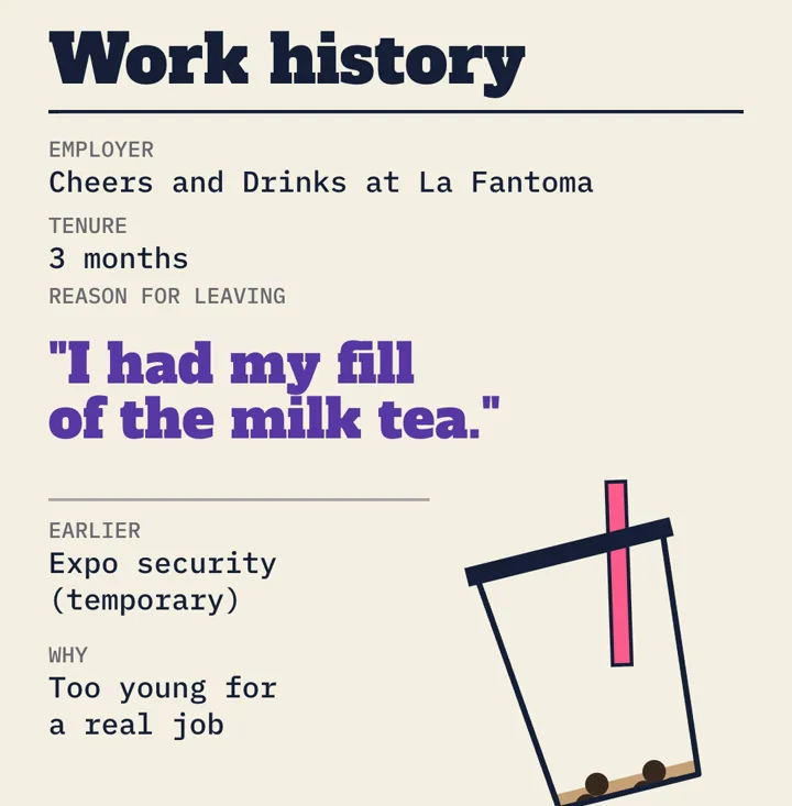 A work history sheet: Cheers and Drinks at La Fantoma, 3 months, reason for leaving "I had my fill of the milk tea", beside an empty milk tea cup