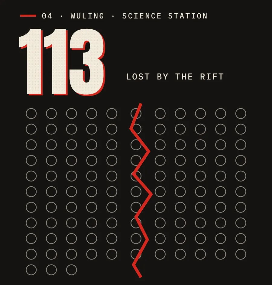 113 paper dots in a grid on black, emptied to rings and split by a red crack