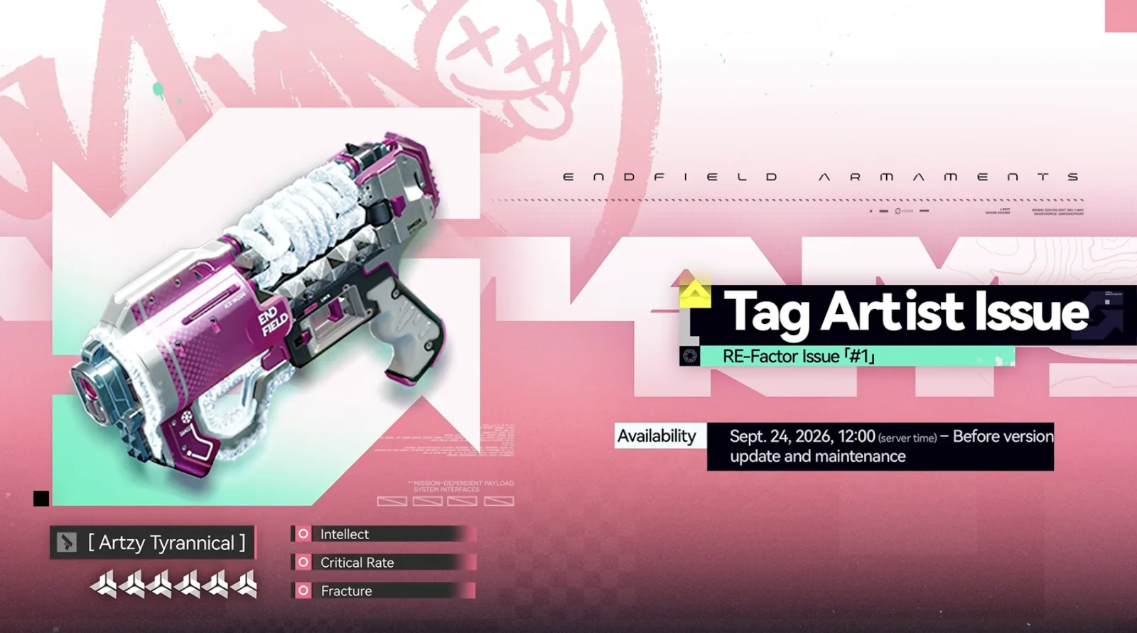 Tag Artist Issue, RE-Factor Issue number 1, rate-up on the 6-star Handcannon Artzy Tyrannical with Intellect, Critical Rate and Fracture lines