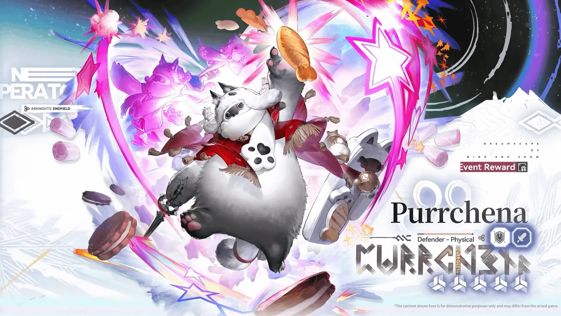 Purrchena splash art, a 5-star Physical Defender in an oversized feline plush suit surrounded by desserts