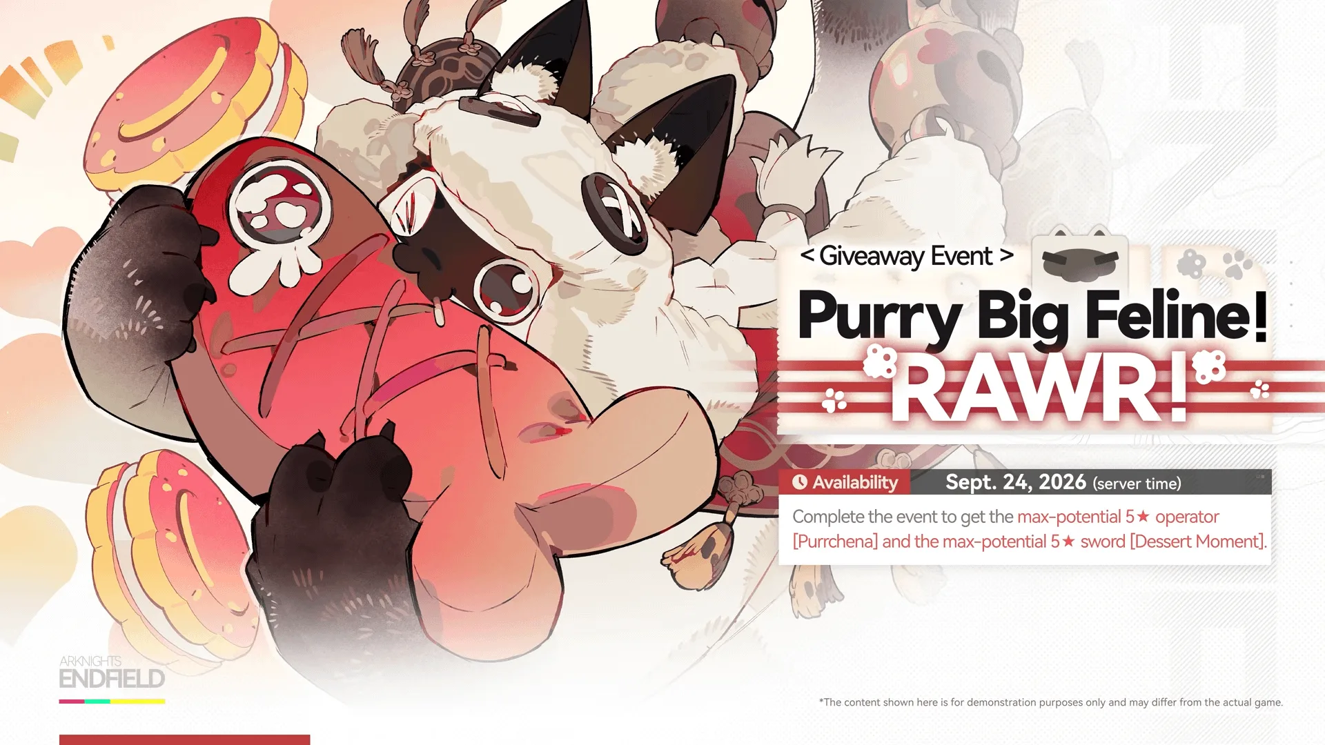 Purry Big Feline RAWR giveaway event slide showing Purrchena availability from September 24, 2026