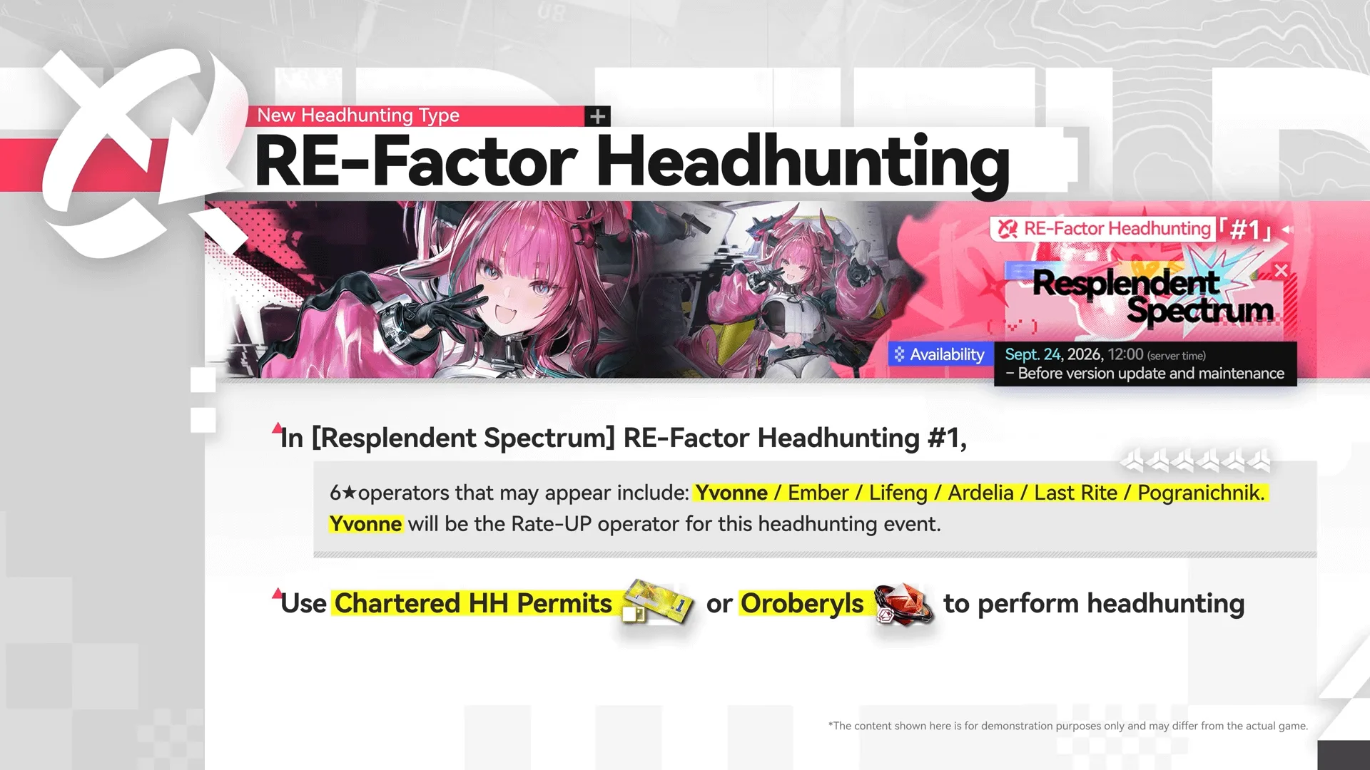 RE-Factor Headhunting slide showing Resplendent Spectrum banner number 1 featuring Yvonne, available September 24 2026