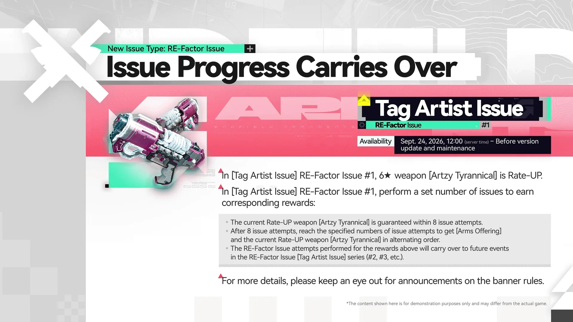 Tag Artist Issue RE-Factor Issue slide showing Artzy Tyrannical 6-star handcannon rate-up