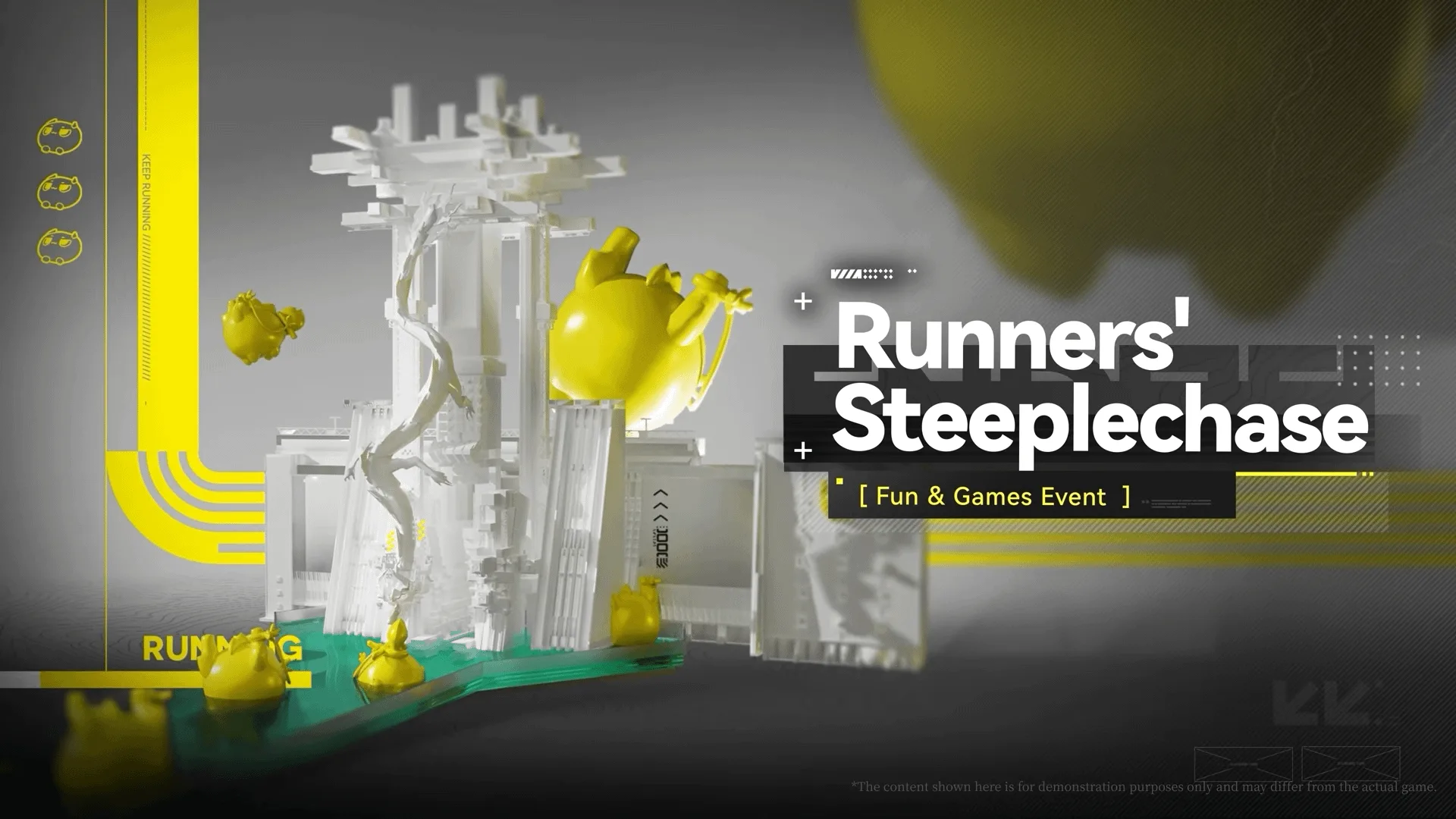 Runners Steeplechase fun and games event showing a white obstacle course with yellow Chubby Lung balloons