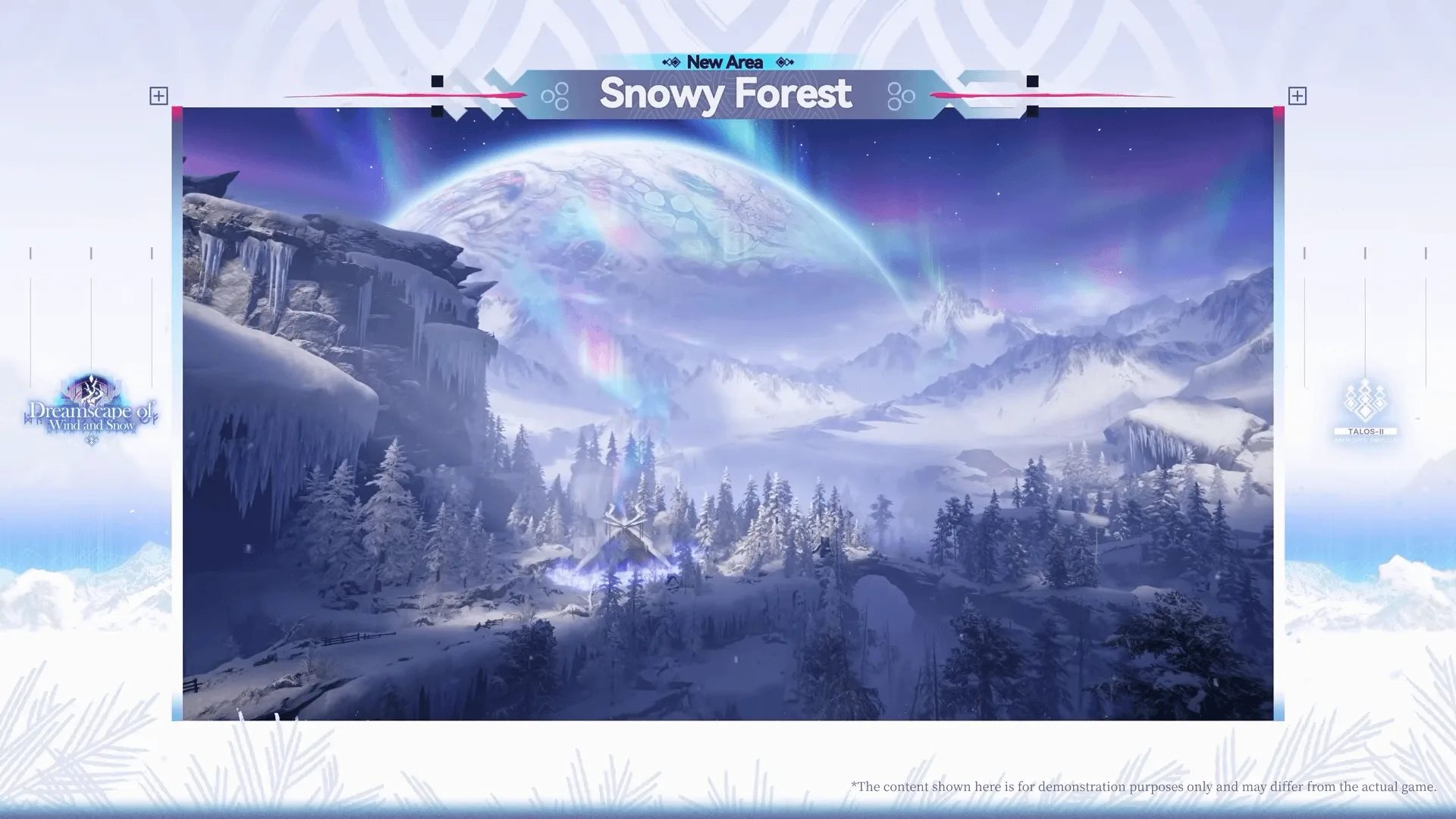 Snowy Forest new area for Version 1.5, an aurora-lit frozen valley of pines beneath a planetary horizon on Talos-II