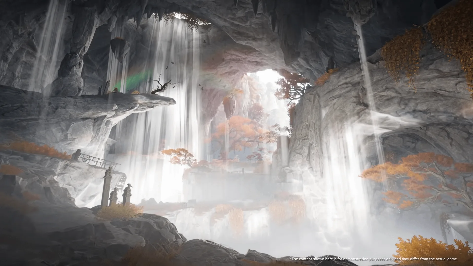 Yuanyuan Manor teaser showing a misty cavern with waterfalls and autumn trees inside an ink scroll world