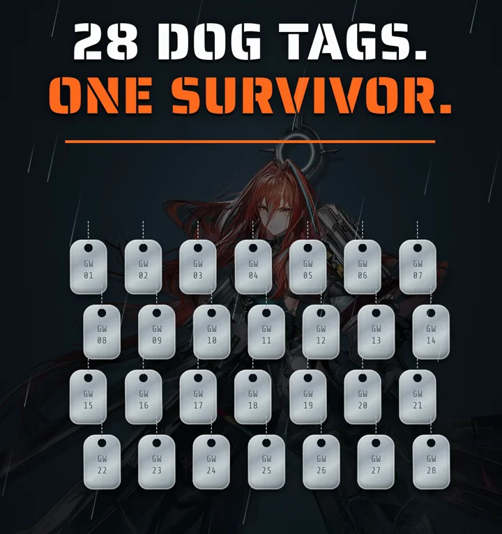 Ember's hook frame: "28 dog tags. One survivor." over her art and a curtain of numbered service tags