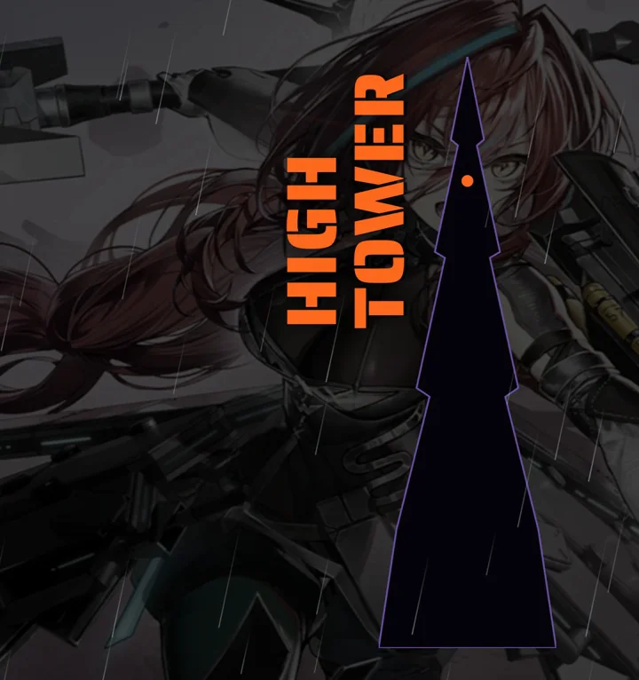 Ember's "High Tower" frame: a black spire rising over her battle art