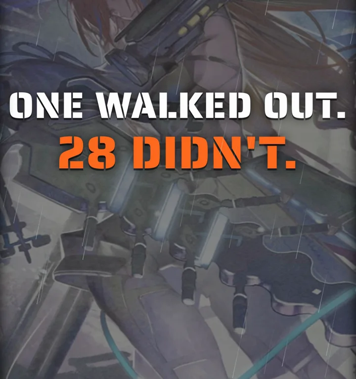 Ember's "One walked out. 28 didn't." frame over her art in the snow