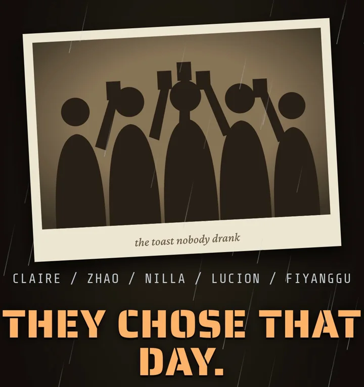 The toast nobody drank: five silhouettes raising cups, with the names Claire, Zhao, Nilla, Lucion and Fiyanggu