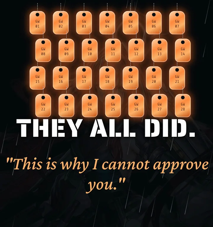 Ember's "They all did." frame: all twenty-eight tags burning orange